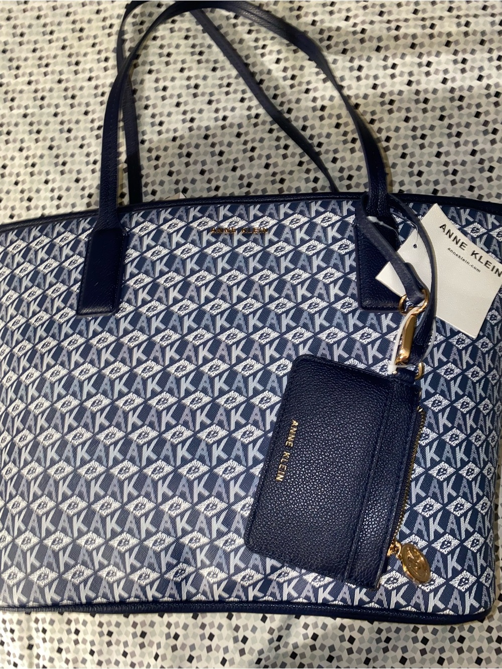 Anne Klein Navy and White AK Monogram Tote with Navy Card Case